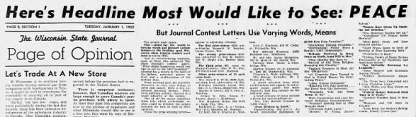Headline. Most like to see:Peace 1JAN1952